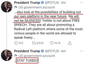 特朗普一觉醒来后，看到自己号没了，马上用美国总统的专用推特号（@POTUS）又连发了几条信息