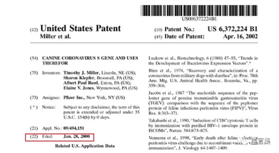 图1：辉瑞公司的专利《犬类冠状病毒的基因及其用途》，专利号：US6372224