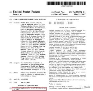 图3：违反美国专利法典的美国疾控中心的专利《从人体上分离的冠状病毒》，专利号：US7220852