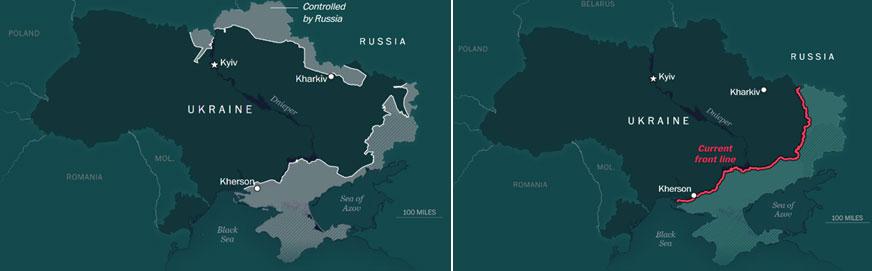 乌克兰战线一年变化图。左：2022年2月，右：2023年2月。来源：《纽约时报》