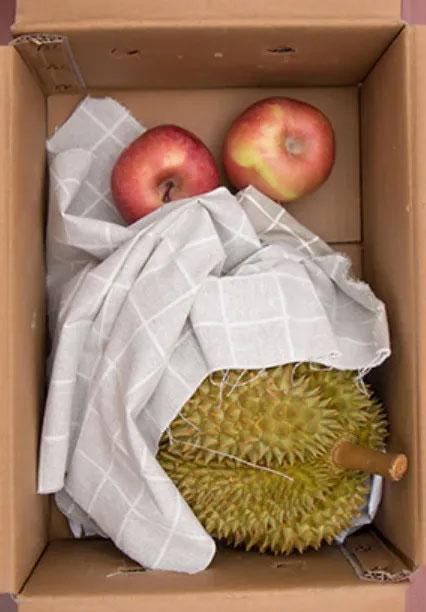 将熟透的苹果，香蕉跟榴莲放置在一个容器内，苹果释放乙烯可催熟榴莲。
